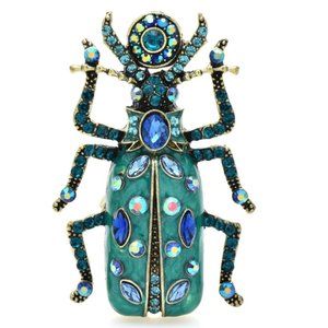 Big beautiful rhinestone adorned Beetle Brooch in Teal Blue enamel
